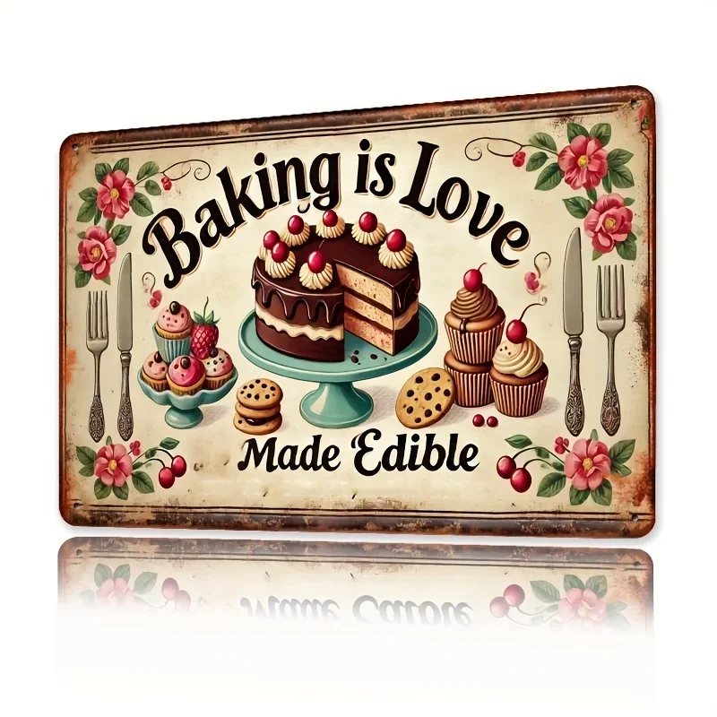 Kitchen Baking Decor - ルームデコレーション ヴィンテージベーキングイズラブメタルティンサイン、素朴なキッチンの壁飾り、家庭、庭、ガレージ、ホテル用の鉄製ポスター、ヴィンテージベーキングイズラブメタルティンサイン、素朴なスタイルのキッチンの壁飾り、鉄製ポスター
