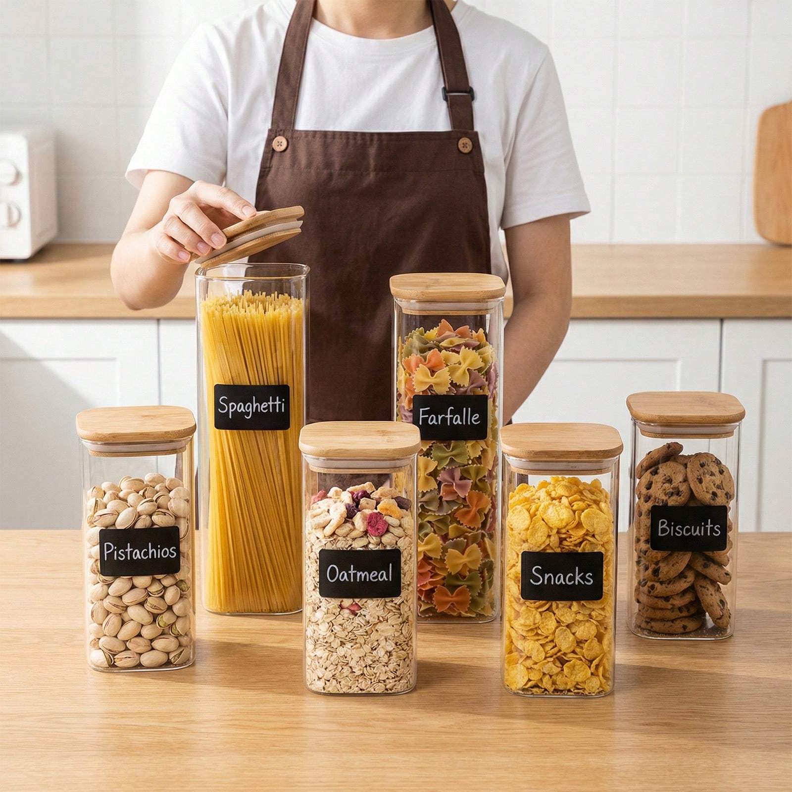 Kitchen Baking Containers - 6/12個入りガラス製食品保存容器（蓋付き）、小麦粉、砂糖、ベーキング用品、乾燥食品の保存に適した2種類の容量、キッチンパントリー整理用プラスチック容器、キッチンアクセサリー