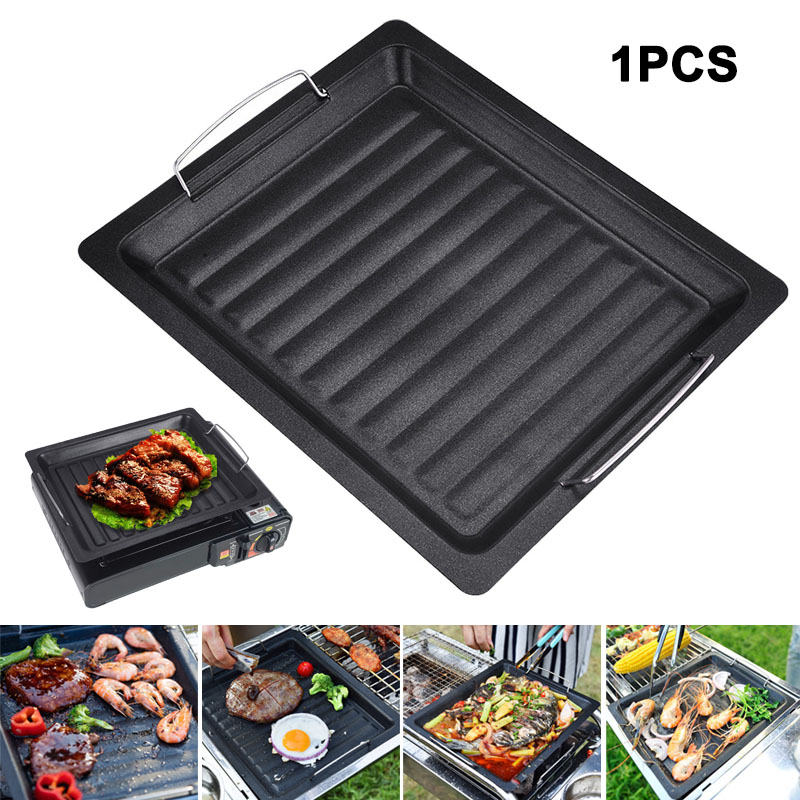 Kitchen Baking Containers - 屋外用厚い四角グリルパン 2つのハンドル付き ポータブルノンスティックグリルパン ベーキングトレイ 外出用 バーベキュー