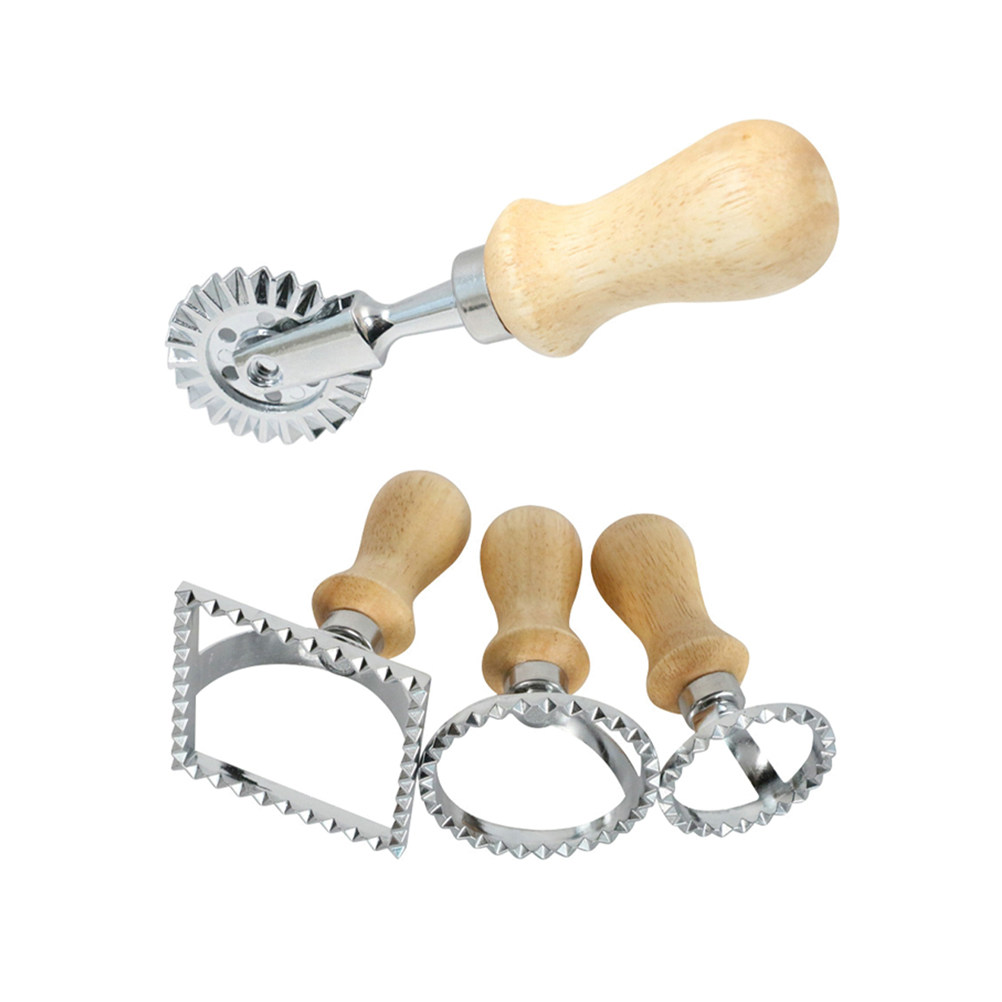 Cookie Cutter Set - 4個入りエンボス加工クッキーカッターセット 木製ハンドル ビスケット型 餃子の皮 フォンダン 野菜