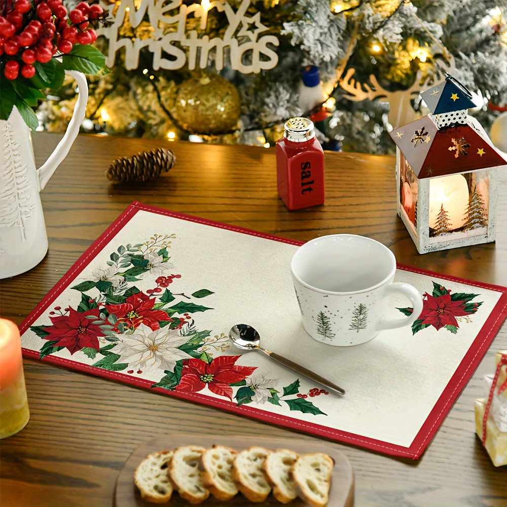 Kitchen Baking Pan Set - ベージュの葉模様のクリスマス鉢植え用プレースマット4枚セット、12x18インチ、季節限定の冬のパーティーやキッチンテーブルの装飾に。