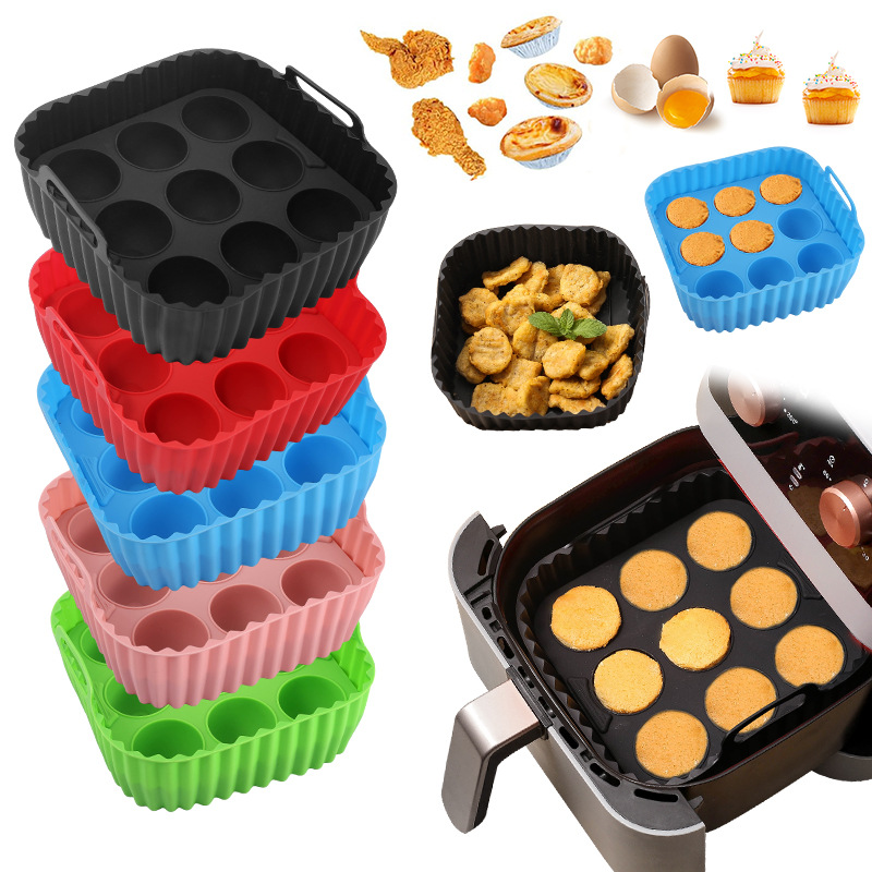 Kitchen Baking Pan Set - 2個入りシリコンエアフライヤーライナー＆マフィンパンセット、再利用可能なベーキングトレイ、ノンスティックカップケーキ型、エアフライヤー調理用キッチンツール