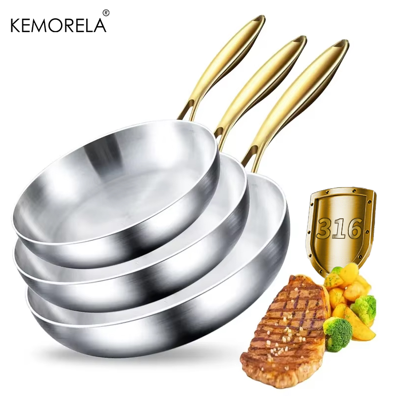 Kitchen Baking Pan Set - 3個セット 316ステンレス鋼 ゴールドハンドル フライパン 2mm厚 中華鍋