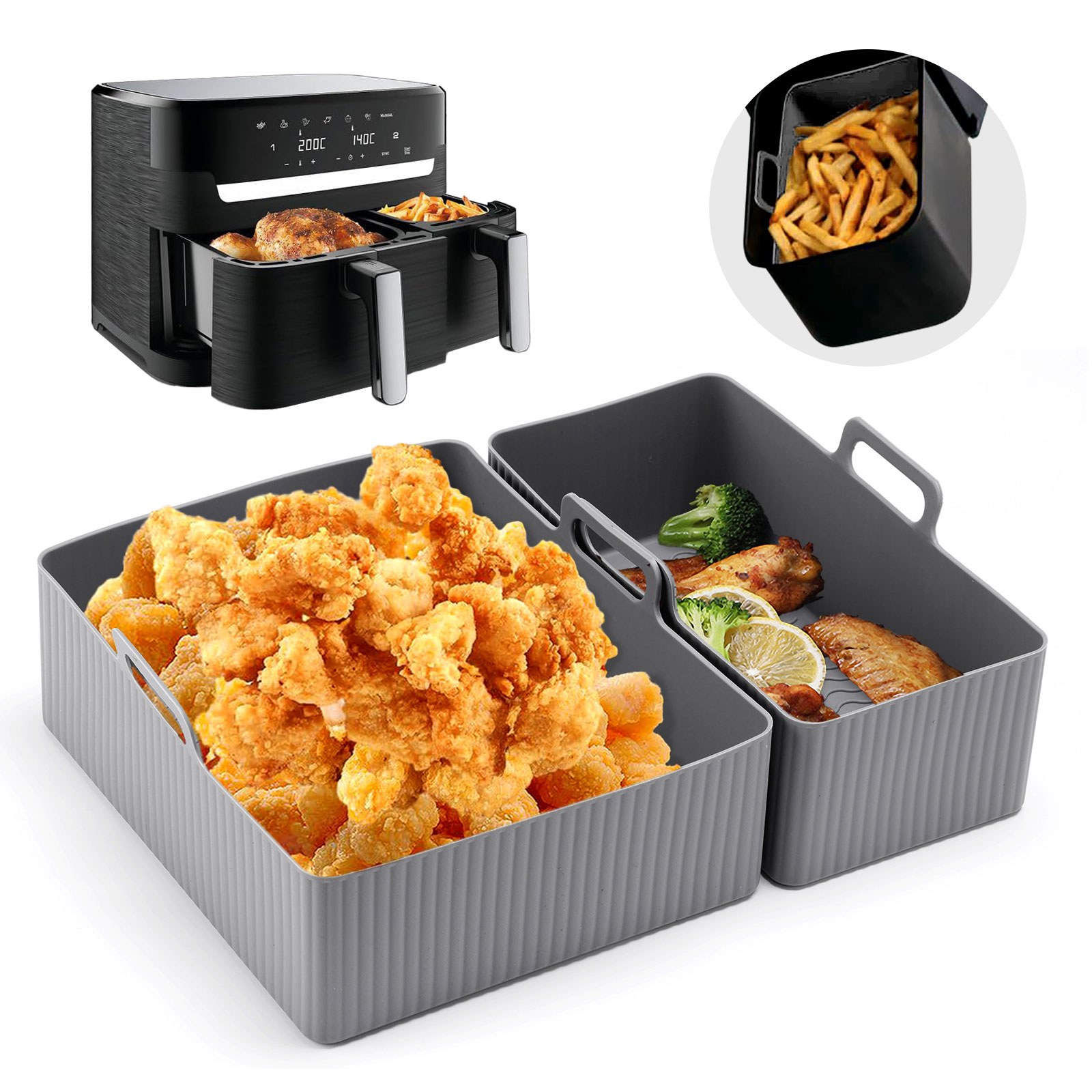 Kitchen Baking Pan Set - 再利用可能なシリコンエアフライヤーマット、ベーキングパン型、オーブントレイパッド、焦げ付き防止バスケット、ライナーポット、キッチンツール、1セットあたり2個