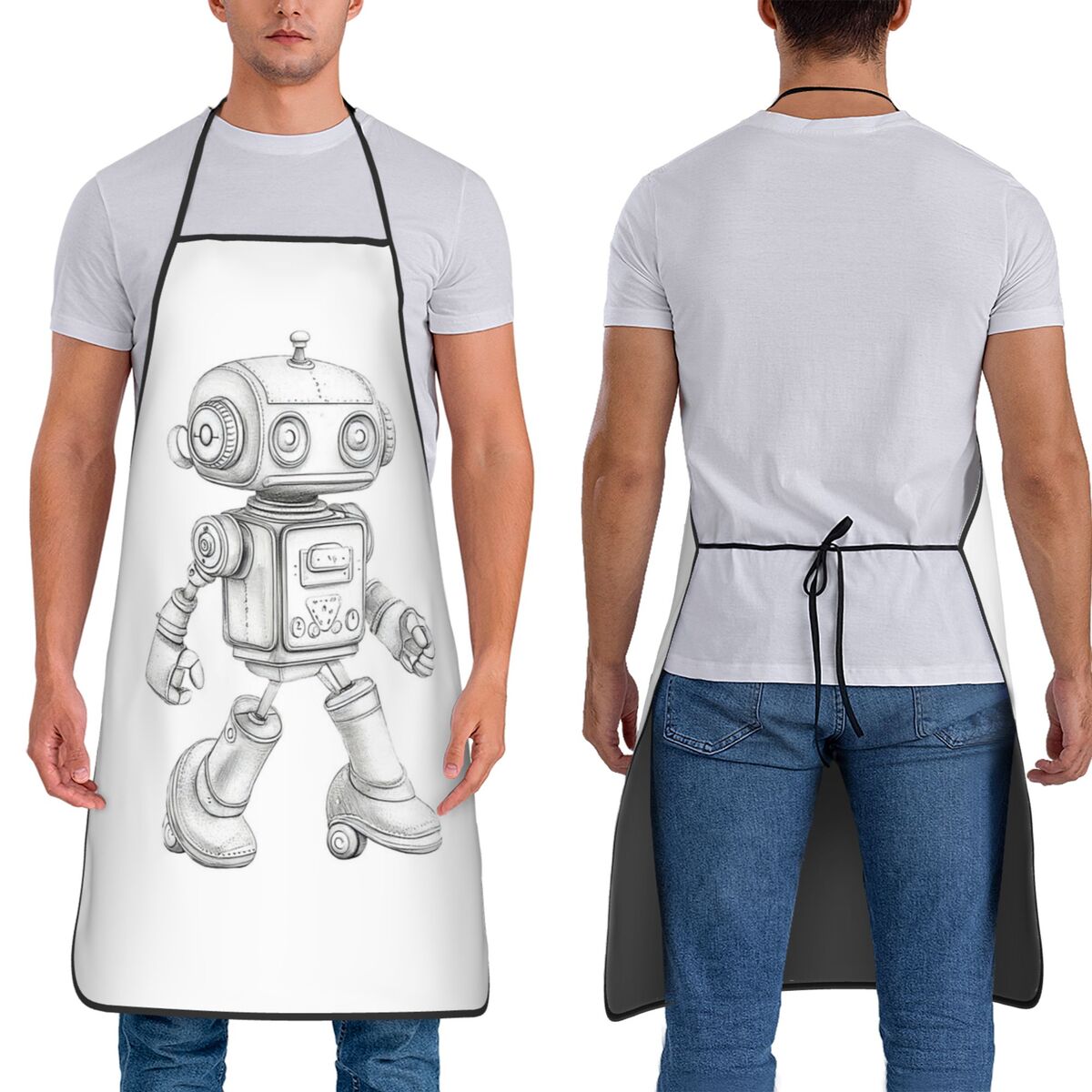 レトロなスケッチロボット柄のメカニカルチャームエプロン、シェ - Kitchen Robot Baking のレビューと価格