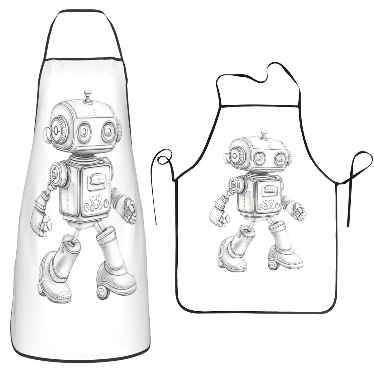 レトロなスケッチロボット柄のメカニカルチャームエプロン、シェ - Kitchen Robot Baking のレビューと価格