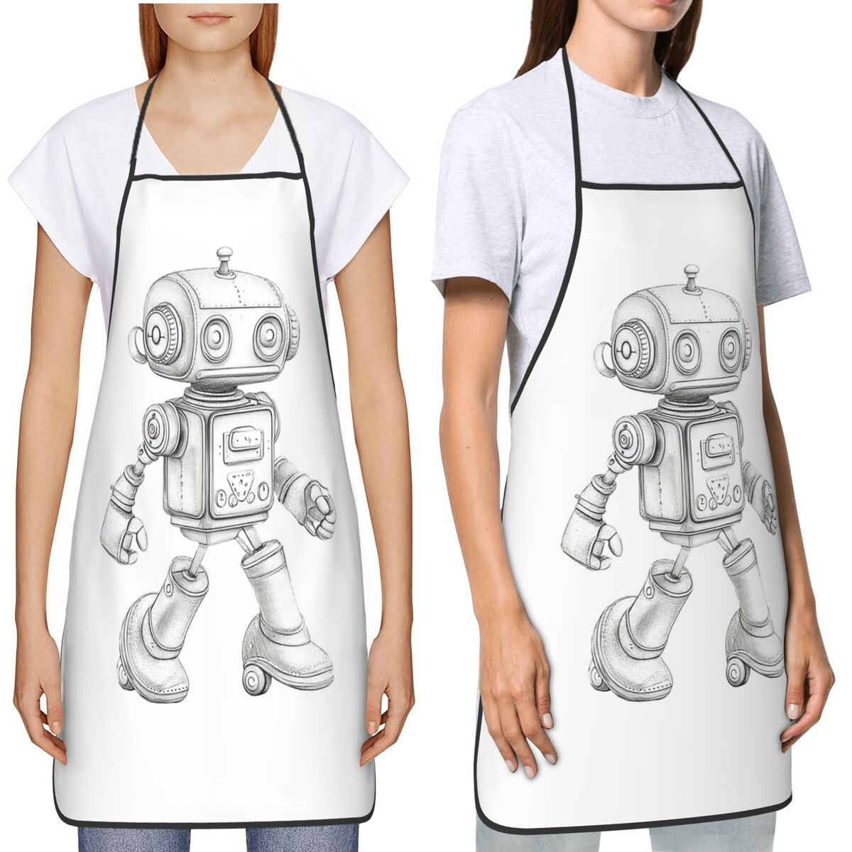 レトロなスケッチロボット柄のメカニカルチャームエプロン、シェ - Kitchen Robot Baking のレビューと価格